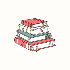 Minimalist line art illustration of a stack of colorful books