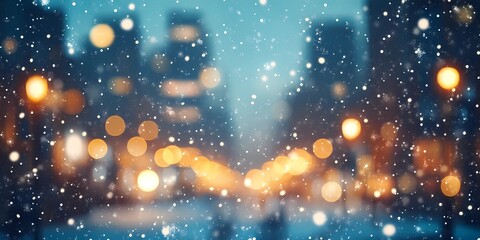 Obraz premium Abstract blurred bokeh lights illuminating snow-covered urban streets, creating a peaceful and magical winter scene, style book illustration