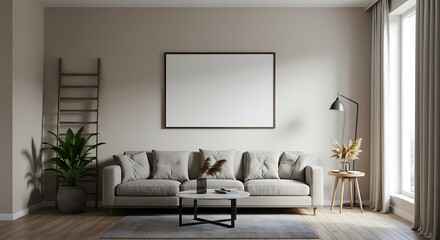 Cozy Living Room Interior with Lounge Area and Blank Wall for Mockup