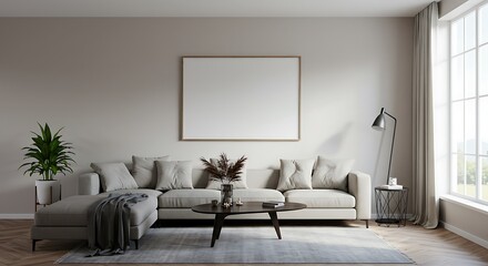 Cozy Living Room Interior with Lounge Area and Blank Wall for Mockup