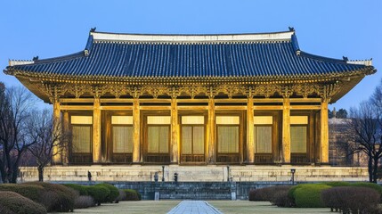 Obraz premium Korean temple at dusk, serene, illuminated facade, historical landmark, possible use for travel, history, culture.