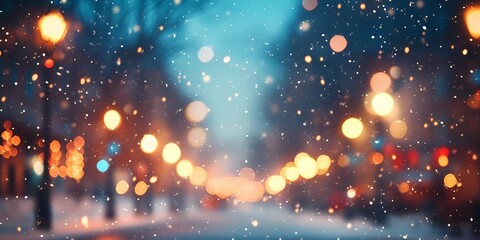 Fototapeta premium Abstract blurred bokeh lights illuminating snow-covered urban streets, creating a peaceful and magical winter scene, style book illustration