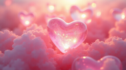 Obraz premium Colorful heart shapes glow softly among fluffy clouds in a dreamy pastel landscape