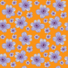 Anemone spring botanical flower vector backdrop seamless pattern in purple and mustard yellow