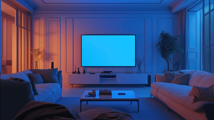 Big Tv In A Living Room. Elegant living room with big tv screen. Generative AI.