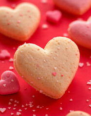 Fototapeta premium red background with a bunch of heart shaped cookies, red hearts, on a red background, cookies, pink hearts in the background, beautiful high resolution, pink and red colors, close.