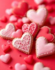 Obraz premium red background with a bunch of heart shaped cookies, red hearts, on a red background, cookies, pink hearts in the background, beautiful high resolution, pink and red colors, close.