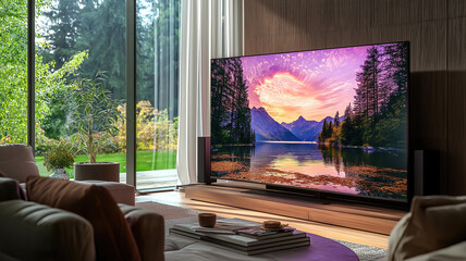 Big Tv In A Living Room. Elegant living room with big tv screen. Generative AI.
