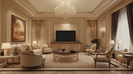 Big Tv In A Living Room. Elegant living room with big tv screen. Generative AI.