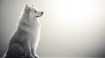 A majestic Samoyed sits with its fluffy coat perfectly groomed, glowing against a white backdrop, full of warmth and friendliness