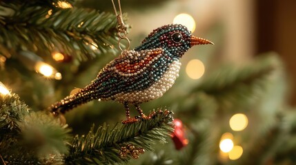 Obraz premium Antique Beaded Bird as Ornament Decoration on Christmas Tree