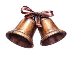 Two bronze bells tied together with a bow.