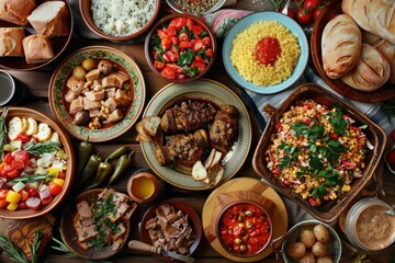Sharing a variety of mediterranean dishes with loved ones, featuring grilled meats, fresh salads, dips, and bread