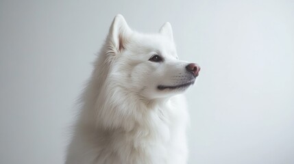 Fototapeta premium A playful Samoyed tilts its head slightly while sitting on a white background, its fluffy coat glowing under bright light