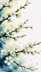 Obraz premium White cherry blossom branches in watercolor style with soft hues 