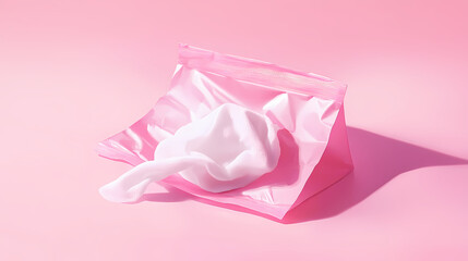 A single pink package of wet wipes is shown, with one white wipe pulled out. the background is a light pink, providing a clean and simple aesthetic. Sunwoven. Illustration