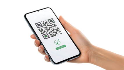 Hand Holding Smartphone with QR Code on Screen isolated on white background as transparent. PNG.AI GENERATED