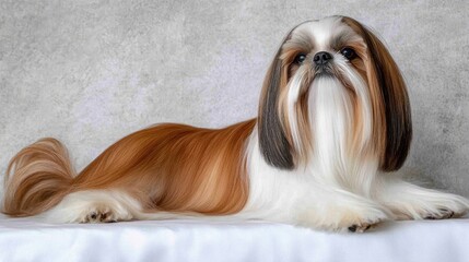 A Shih Tzu lying on a white background, its luxurious coat and tiny stature capturing its regal and affectionate nature