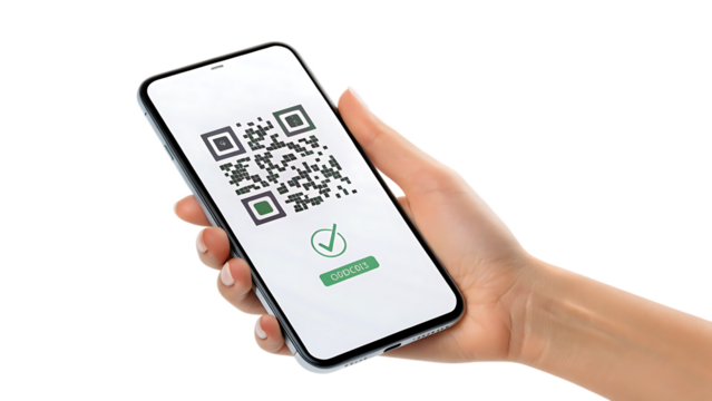 Hand Holding Smartphone with QR Code on Screen isolated on white background as transparent. PNG.AI GENERATED