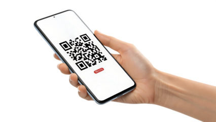 Hand Holding Smartphone with QR Code on Screen isolated on white background as transparent. PNG.AI GENERATED