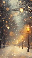 Abstract blurred winter cityscape with softly glowing festive lights on snow-covered streets, creating a peaceful holiday atmosphere, style book illustration