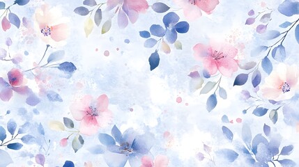 Delicate Watercolor Flowers and Leaves on a Light Blue Background
