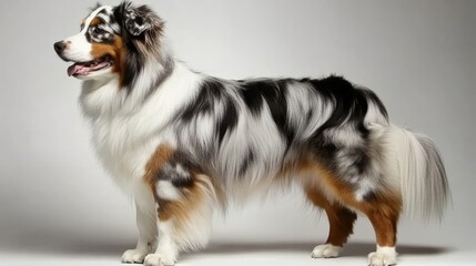 Obraz premium An Australian Shepherd stands proudly on a white background, its multicolored coat gleaming under soft lighting