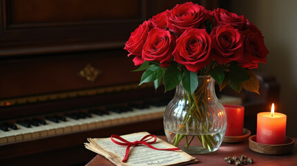 Red roses in a vase beside candles and sheet music on a wooden table by a piano
