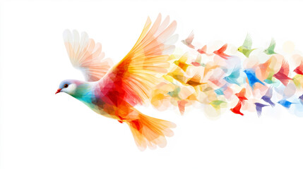 Obraz premium Vibrant Abstract Birds in Flight with Rainbow Colors on White Background