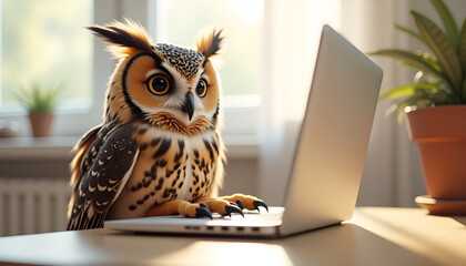 Owl intently typing on a laptop in a bright and cozy indoor environment
