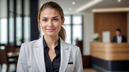  Beautiful smiling elegant woman at the reception, front desk or working at the office, with elegant outfit and professional attire
