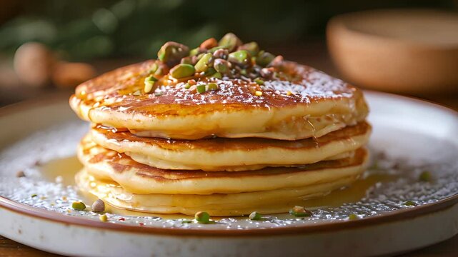 stack of pistachio pancakes, breakfast