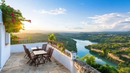 Fototapeta premium Scenic Outdoor Dining Area with Stunning River View and Beautiful Sunset Over Green Hills in a Peaceful Landscape Setting