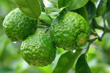Fototapeta premium Three bergamot fruits are hanging from a branch after the rain
