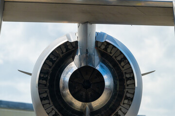Large aircraft engine on a military transport plane.