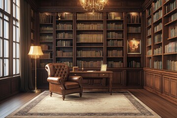 Elegant home library with a plush leather armchair, large wall-to-wall bookshelves, a classic wooden desk, and warm lighting creating a cozy atmosphere.