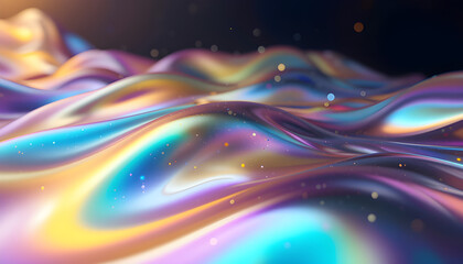 3d render Metallic liquid background. Abstract neon texture. Rainbow 3d holographic foil. Wavy glossy surface in blue and purple colors Background