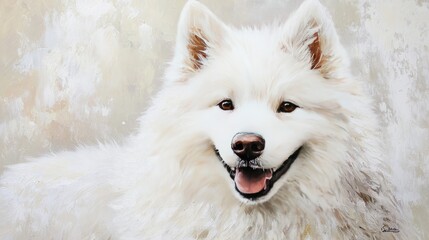 Obraz premium The Samoyed gazes forward, its smile and radiant coat stealing the spotlight on a white background