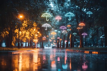 Mystical Rain Soaked City Park with Neon Water Streams and Floating Umbrellas under Glowing Streetlights