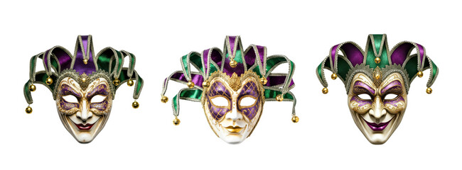 Colorful Jester Mask with Bells and Glitter for Festive Celebrations. Mardi Gras masks on transparent background