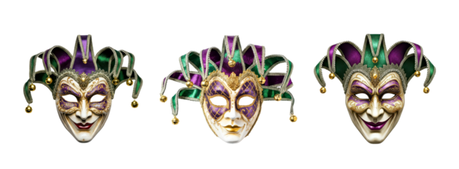 Colorful Jester Mask with Bells and Glitter for Festive Celebrations. Mardi Gras masks on transparent background