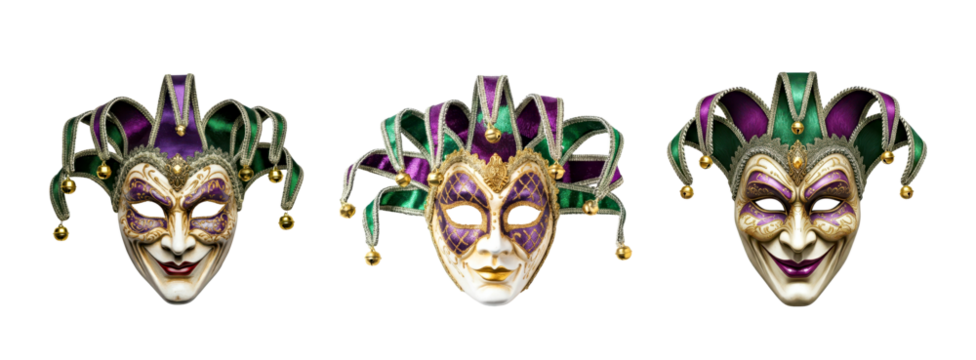 Colorful Jester Mask with Bells and Glitter for Festive Celebrations. Mardi Gras masks on transparent background