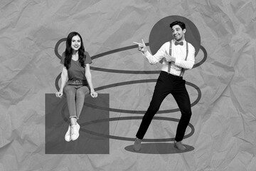 Creative retro 3d magazine collage image of funny guy pointing fingers beautiful lady isolated painting background