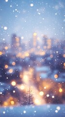 Fototapeta premium Soft blurred warm lights scattered across snowy streets in a cozy winter cityscape, evoking tranquil and festive vibes, style book illustration