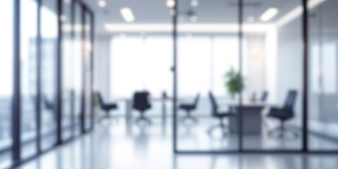 Blurred modern office interior with glass walls and meeting room. Bright corporate workspace with large windows. Clean business environment for conferences and teamwork