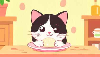 Fototapeta premium Cute cartoon kitten enjoying food on pink plate in cozy kitchen, joyfulness
