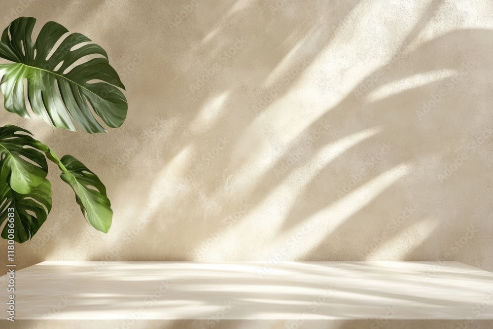 Poster empty table with monstera leaf shadow for product presentation.