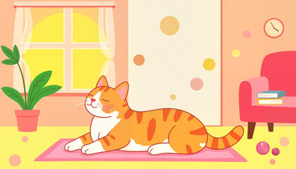 Fototapeta premium Cute cartoon cat observing the moon in cozy library, whimsical charm