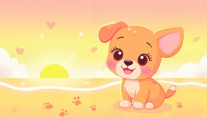 Fototapeta premium Cheerful puppy smiling at sunset on beach, playful innocence