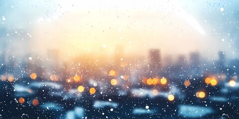 Obraz premium Soft blurred warm lights scattered across snowy streets in a cozy winter cityscape, evoking tranquil and festive vibes, style book illustration